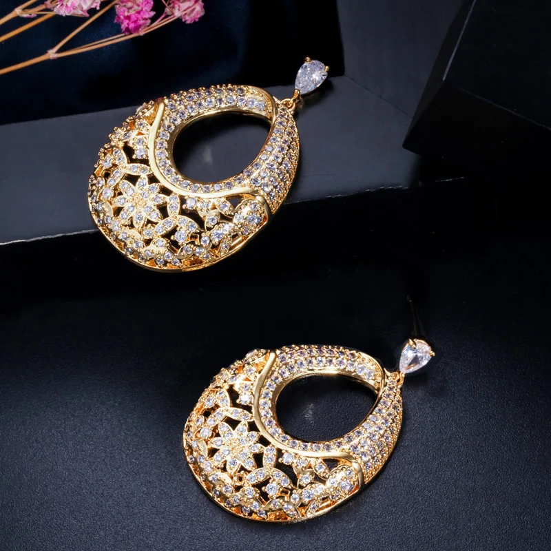 CWWZircons Micro Pave CZ циркония камень желтое золото Цвет Винтаж для женщин Висячие серьги высокое качество Свадебная вечеринка ювелирные изделия CZ031