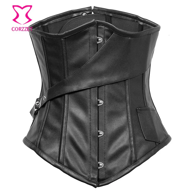 

Black Faux Leather Gothic Corset Corselet Underbust Waist Slimming Corsets and Bustiers With Buclek Belt & Pouch Bustier Sexy
