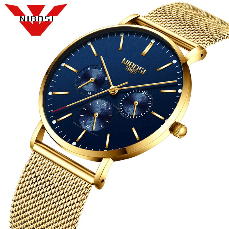 NIBOSI часы для мужчин роскошный золотой сталь человек наручные Relogio Masculino синий