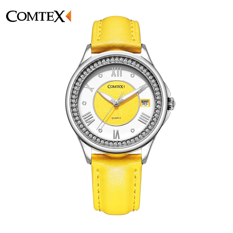Comtex желтый женские часы Повседневная серебристый корпус Кожаный ремешок основа