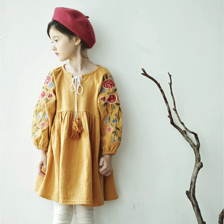 Baby Girls Teens Dress Long Sleeve Vestidos 2019 Spring Autumn Christmas with Embroidery Cotton Linen Dresses Kids Clothes | Детская