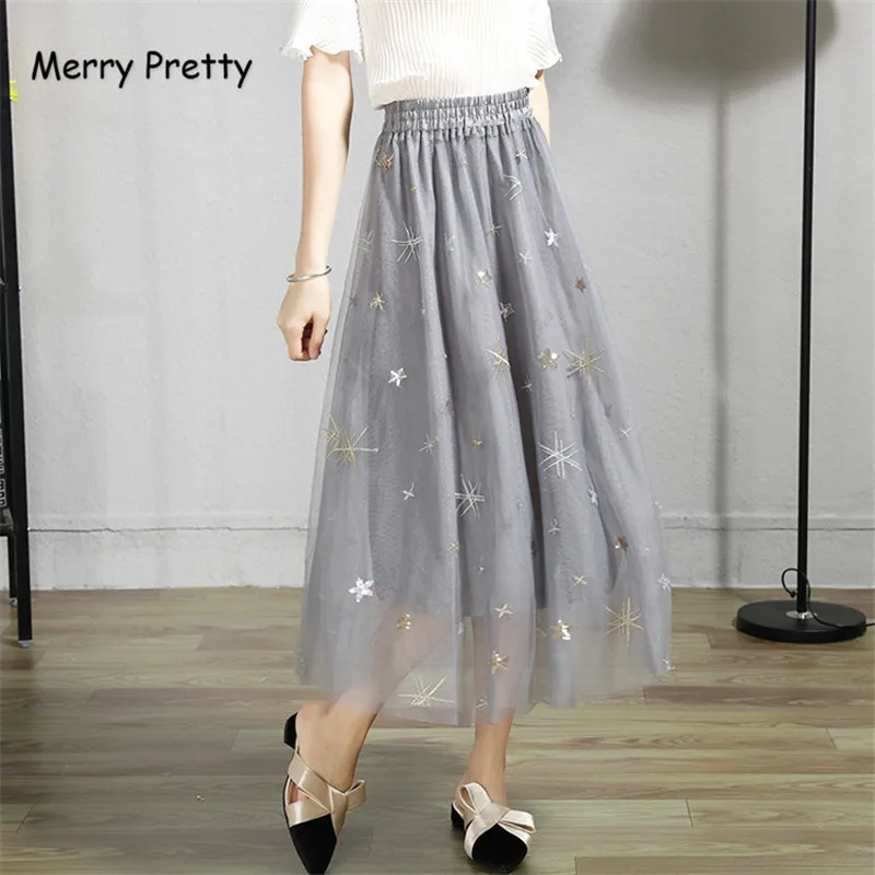 Merry Pretty, высококачественная, элегантная, фатиновая, длинная, плиссированная юбка, для женщин, со звездами, вышивка, а-силуэт, пачка, кружевная, сетчатая юбка, для женщин, юбка миди