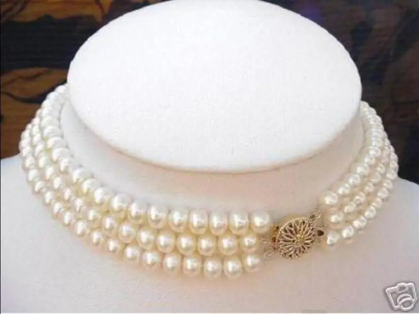 

New 7-8mm White Akoya Cultured Pearl 3 Rows Choker Necklace