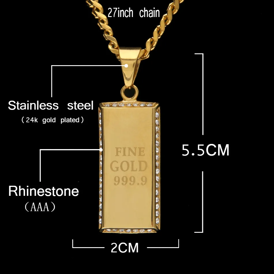 UWIN ледяной Золотой 999 9 логотип квадратная бар кулон из нержавеющей стали Bling