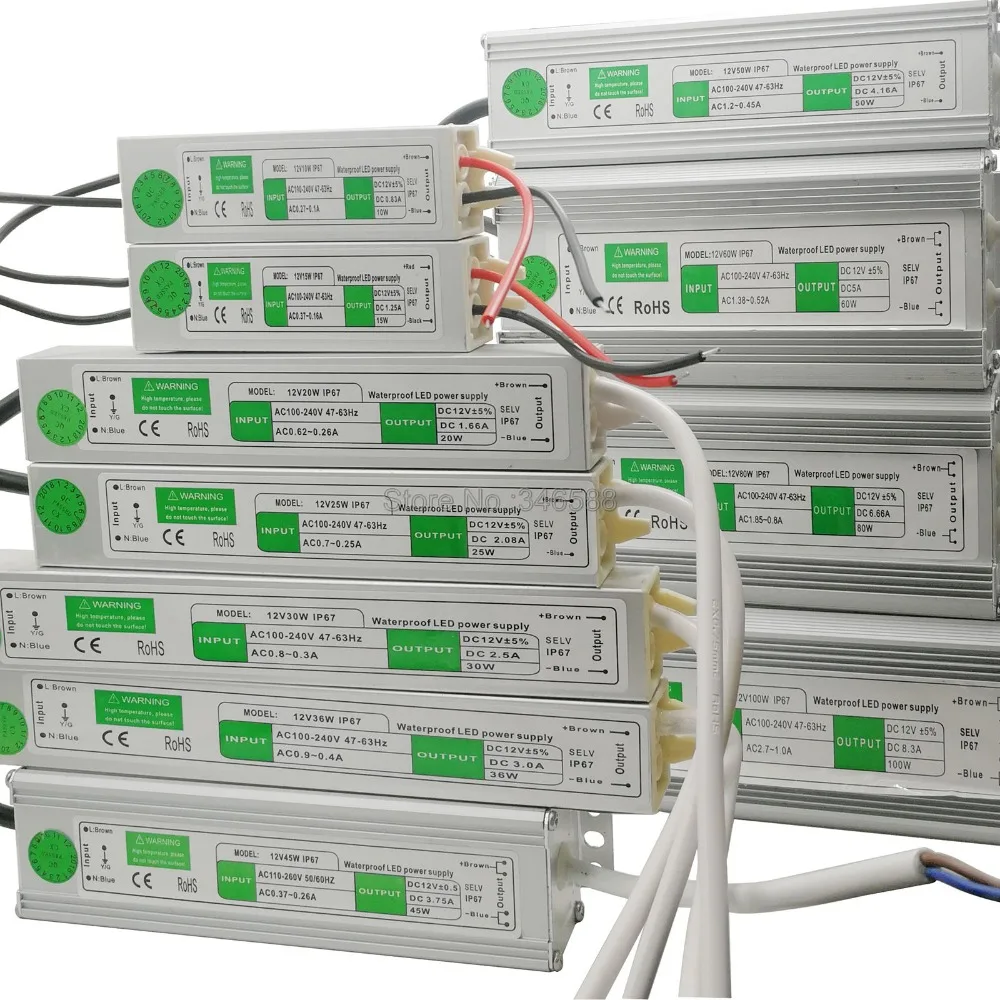 DC12V IP67 Водонепроницаемый Открытый Светодиодный драйвер освещения трансформаторный источник питания мощностью 10 Вт, 15 Вт, 20 Вт, 25 Вт 30 Вт, светодиодные полосы освещения мощностью 45 Вт, 50 Вт, 60 Вт, 80 Вт, 100 Вт 120 W 150 W