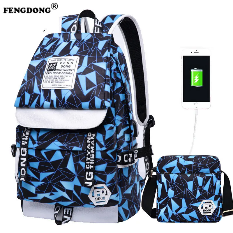 Fengdong Brand Design 2018 Fashion Backpacks Waterproof Nylon Women Backpack Female Geometric for Teenage Girls | Багаж и сумки