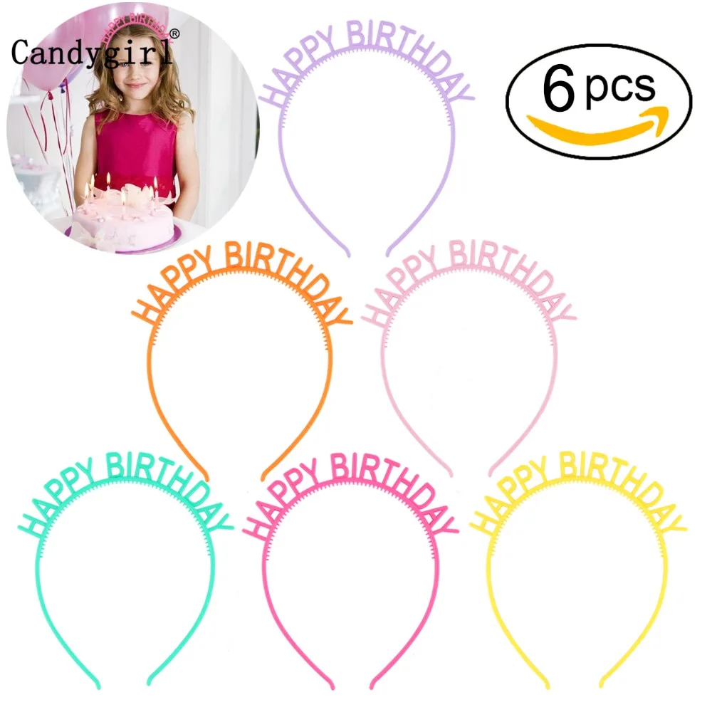 

6pcs Happy Birthday Headbands Kids Women Plastic Headwear Candy Colored Headdress Children Hairband Headpieces Hair Accessories