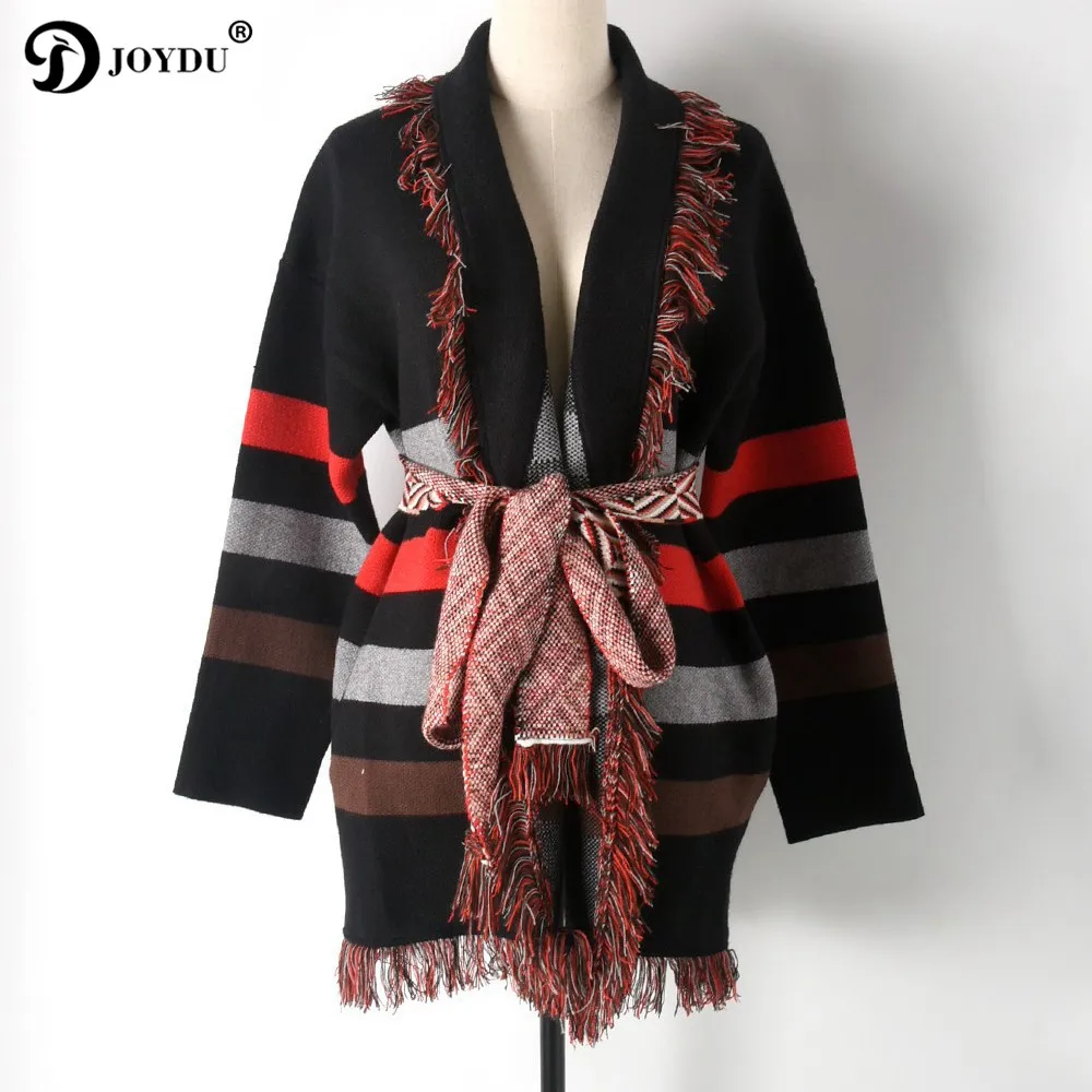 JOYDU Runway Poncho Cardigan Sweater Women 2018 Winter Thick Cape Tassel Lapel Wool Coat Jacket Color Block Striped Knit Jumper |