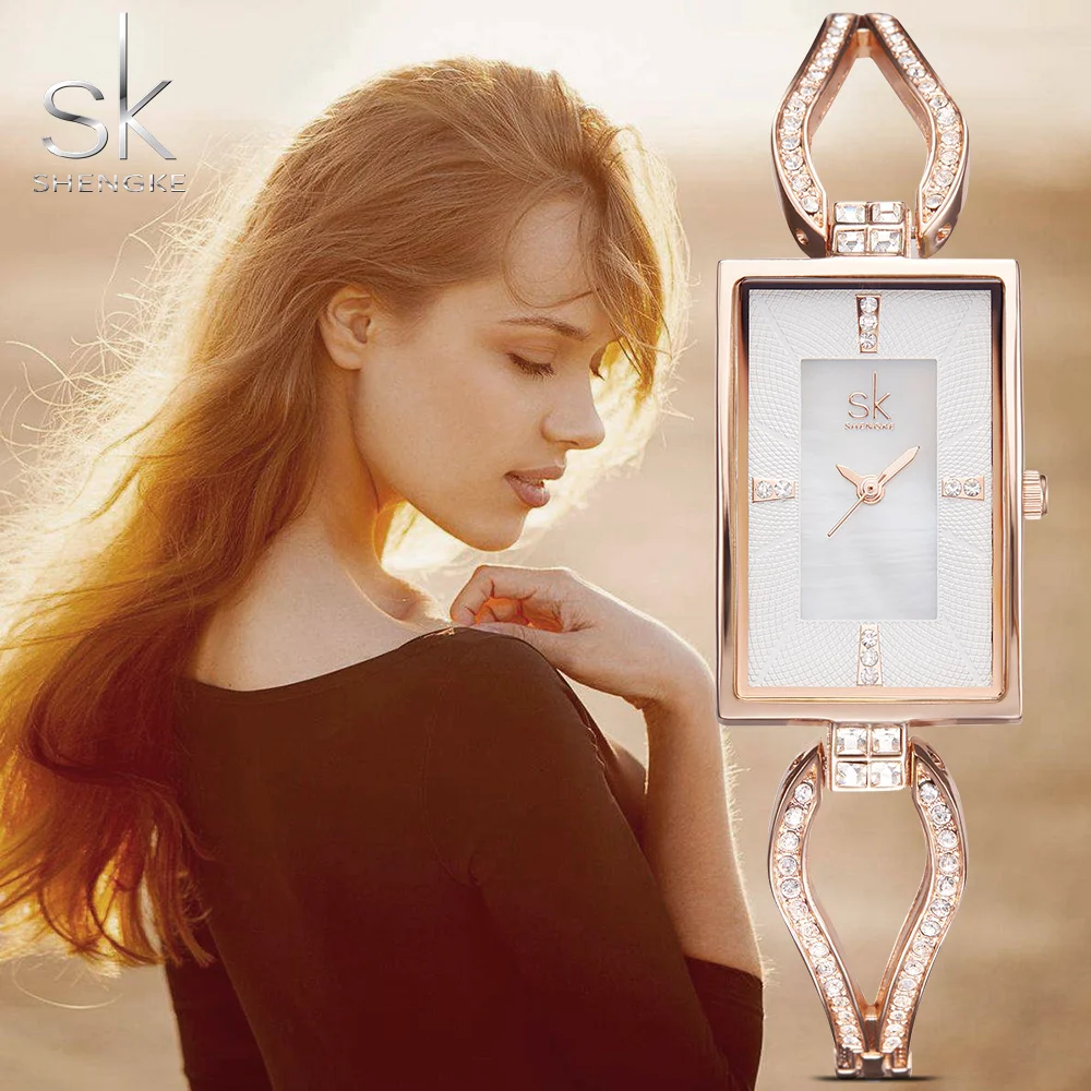 SK прямоугольные женские часы со скелетонным браслетом элегантные с кристаллом в