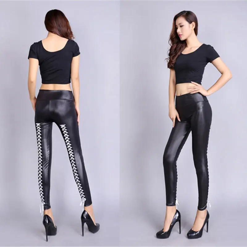 YUFEIDA модные сексуальные женские черные брюки из ПВХ сшитые крестообразные