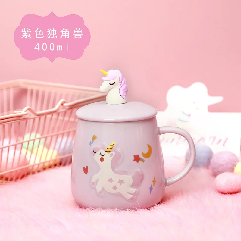 Unicorn spoon purple Единорог русалка кофейная кружка с крышкой 3D ложка керамическая чайная чашка для воды подарок для женщин девочек розовый 400 мл - Цвет: Unicorn spoon purple