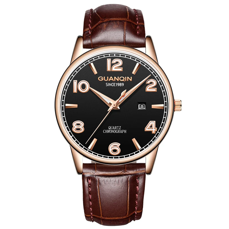 brown gold black Relogio Masculino GUANQIN Модные мужские кварцевые часы Топ Роскошные простые Водонепроницаемые кожаные мужские часы Erkek Kol Saati - Цвет: brown gold black