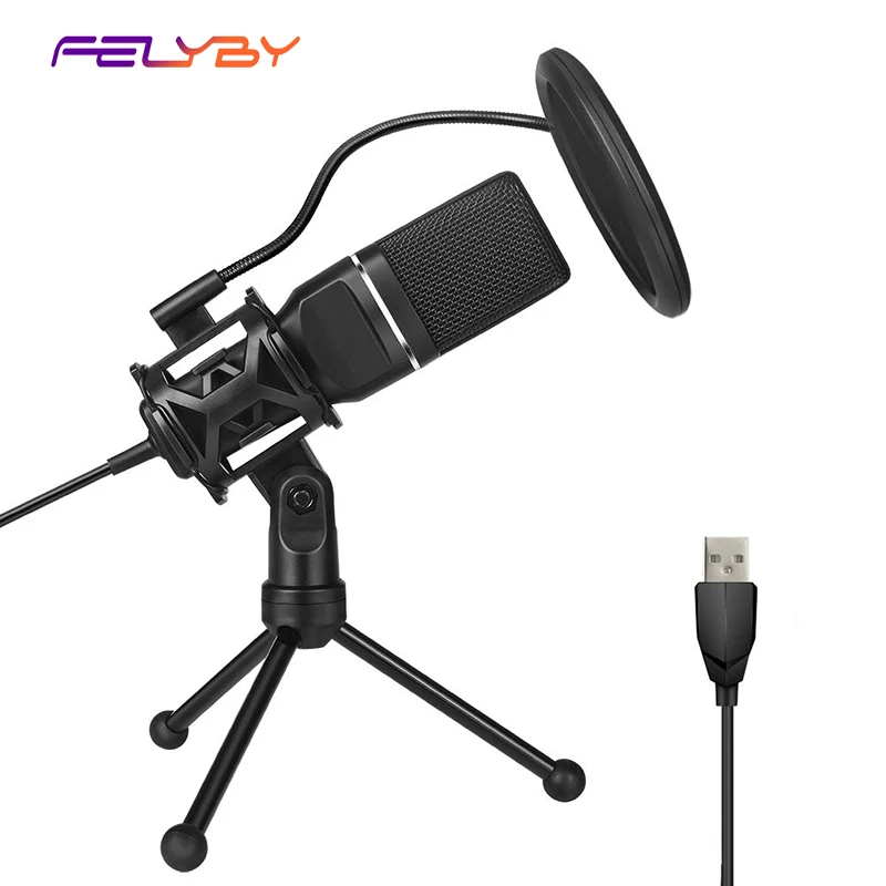 USB микрофон FELYBY с подставкой и поп фильтром двухслойный подвесной Штатив для ПК