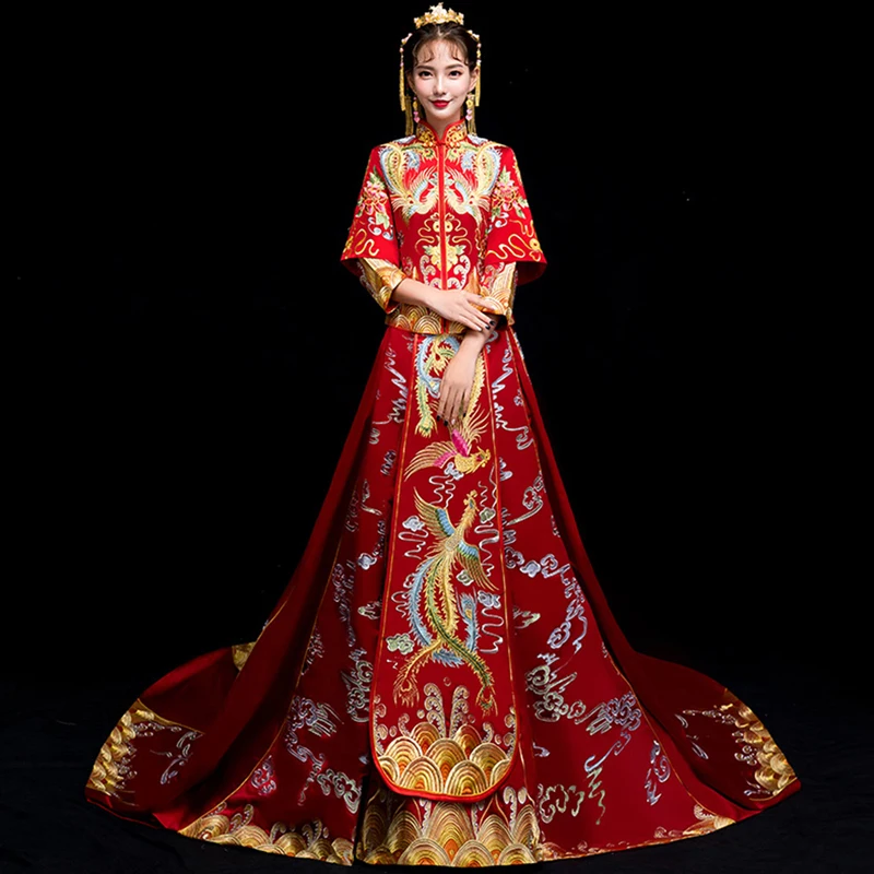 

bride wedding dress Traditional chinese style costume Phoenix cheongsam Embroidery clothing Luxury ancient Royal Red Qipao gown