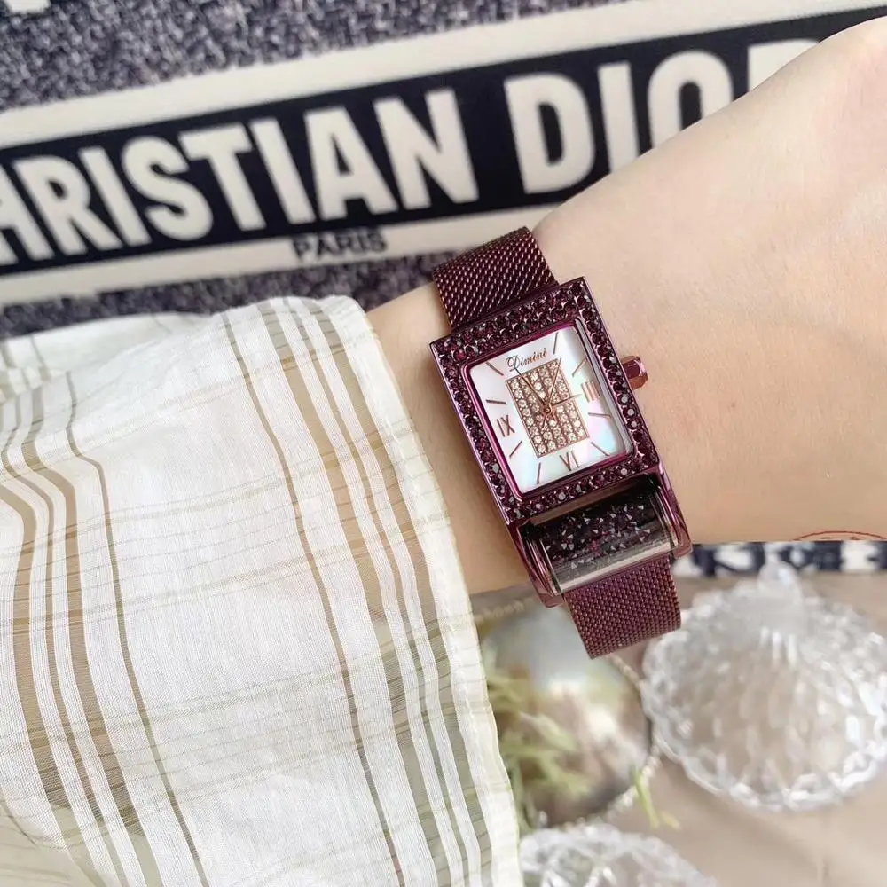 

Noble Purple Milanese Bracelet Watches for Women Novelty Spinning Barrel Crystals Watch Square Analog Wrist Watch Full Steel