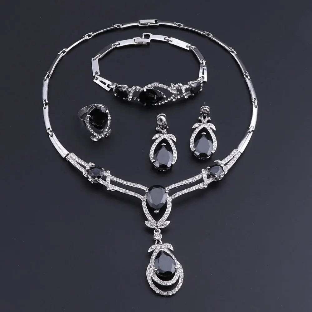 Classic Water Drop Necklace Earrings Set Luxury Silver Color Jewelry Sets For Women Wedding with Black AAA Cubic Zircon | Украшения и