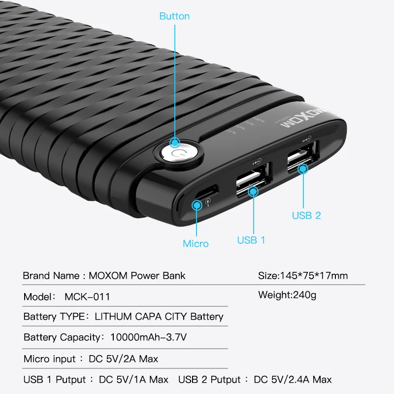 Внешний аккумулятор MOXOM на 10 000 мА · ч с USB кабелем|Внешние аккумуляторы| |