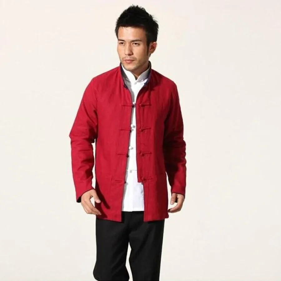 Черная красная Новинка Двусторонняя китайская мужская куртка из хлопка и льна