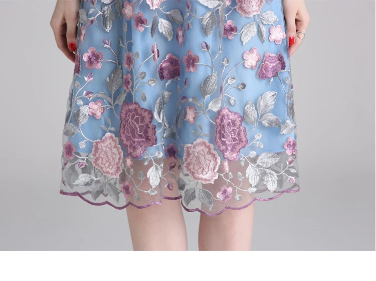 

High Quality Mesh Embroidery Flowers Chic Beach Dress New 2019 Spring Casual Women's Three Quarter Sleeve Slim Party Dress