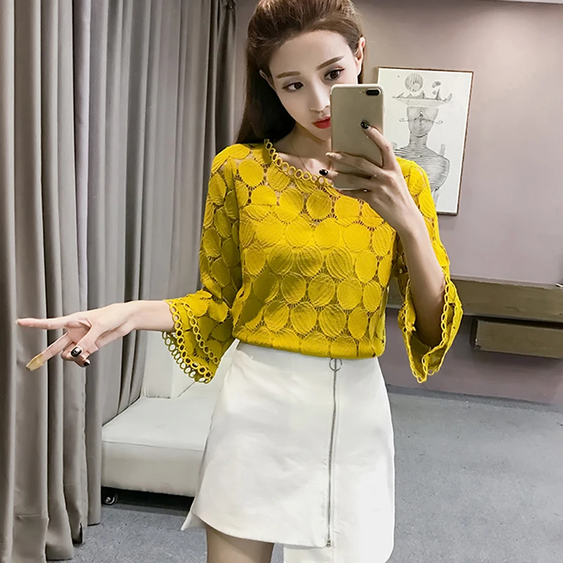 Bigsweety Hot Sale Sexy Hollow Out Shirts Womens Tops And Blouses Fashion Female Flare Sleeve O-Neck Clothes For Women Blusa | Женская