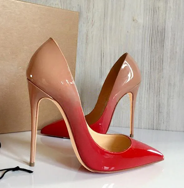 Spring Gradient Color Patent Leather Women Fashion Wedding Shoes Sexy Pointy Toe Ladies 12CM Stiletto Elegant Pumps