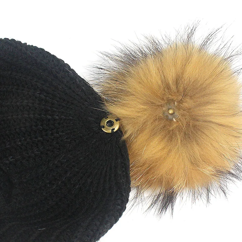 Autumn Winter Baseball Caps For Women Girl Real Raccoon Fur Pom Poms Knitted Hat Casual Solid Color Bone Feminino Bone Snapback