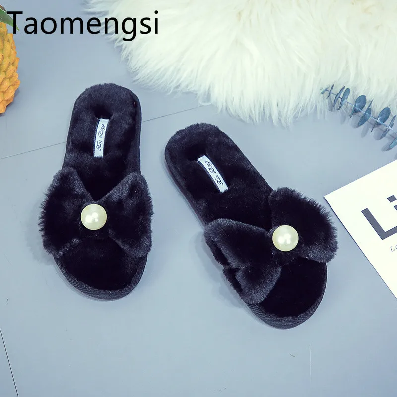 Taomengsi/Новинка женские тапочки с жемчужинами сезон осень зима летние шлепанцы для