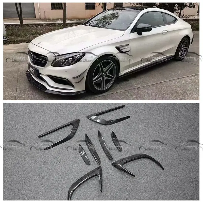 Для Benz W205 2 двери C63 стайлинга автомобилей углеродного волокна 8 шт./компл. Воздушный поток Fender спереди и длинное сзади сплиттер на бампер Вентиляционное крыло 3M наклейки на багажник автомобиля