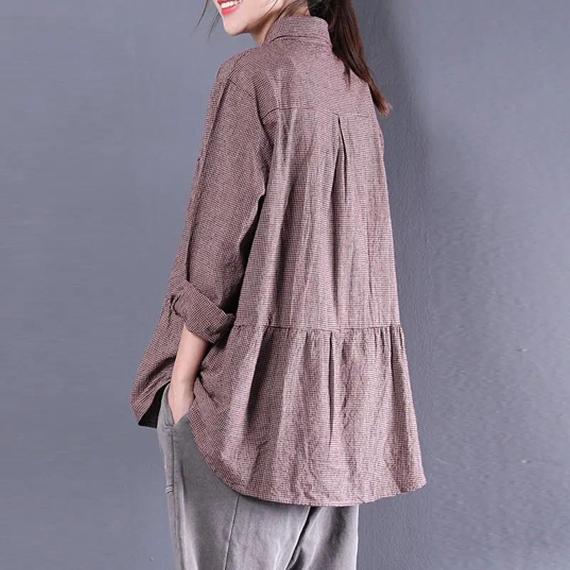 ZAZNEA, женская блузка, модная, осенняя, с оборками, Blusas, с отворотом, OL, рубашка, Повседневная, на груди, с карманами, на пуговицах, в клетку, топ размера плюс