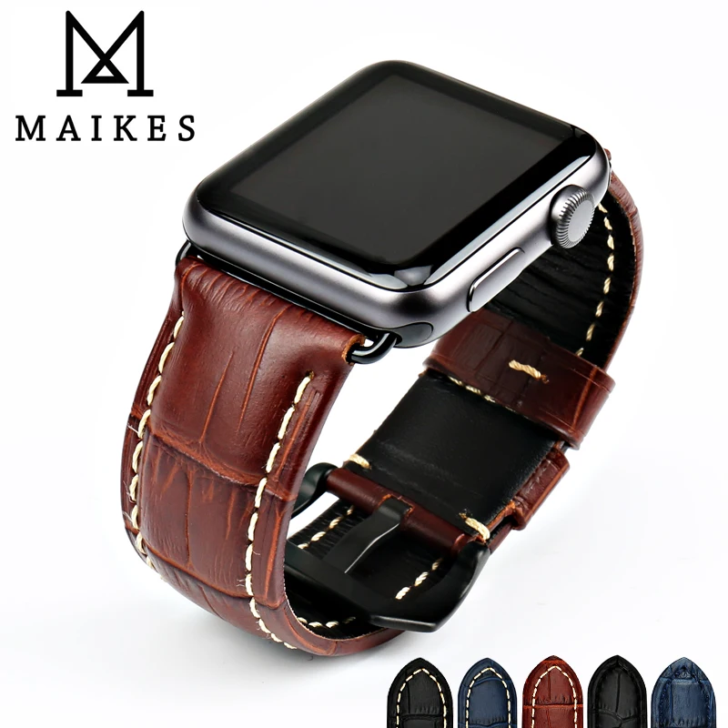 MAIKES Genuine Leather Watch Strap Replacement For Apple Watch Band 45mm 44mm 40mm 42mm 38mm Series 8 7 6 5 4 3 2 1 All Models