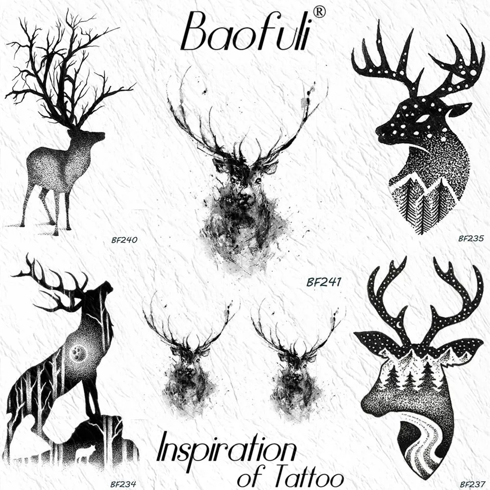 

BAOFULI Galaxy Elk Moose Temporary Men Women Tattoo Sticker Black 3D Body Art Fake Tattoo Forest Waterproof Arm Neck Tatoo Paper
