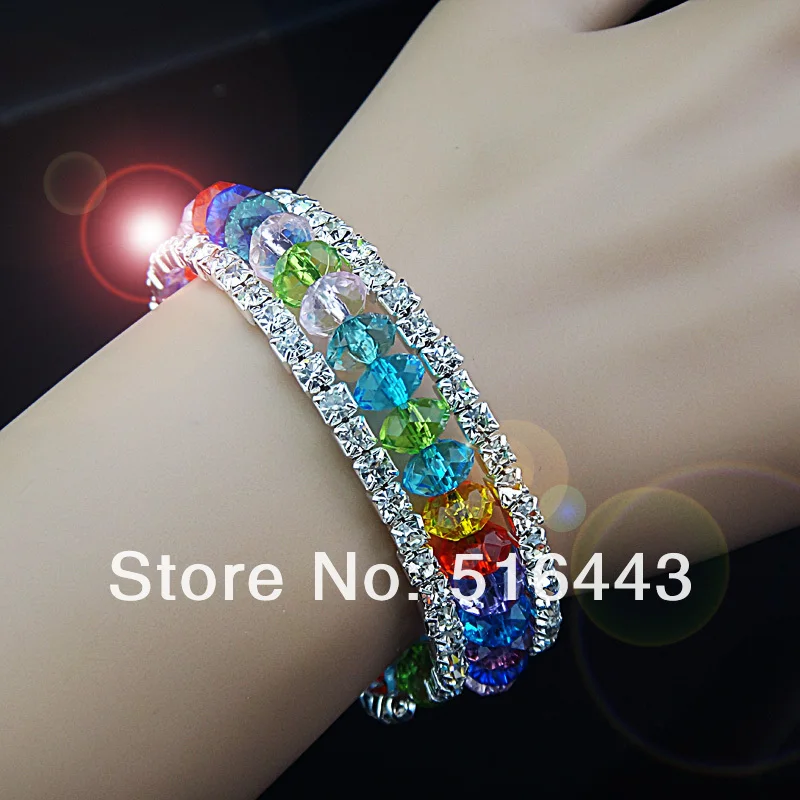 

Charms 6pcs 3rows Colorful Crystal Czech Rhinestones Stretchy Women Charms Bangles Bracelets Wholesale Fashion Jewelry A-700