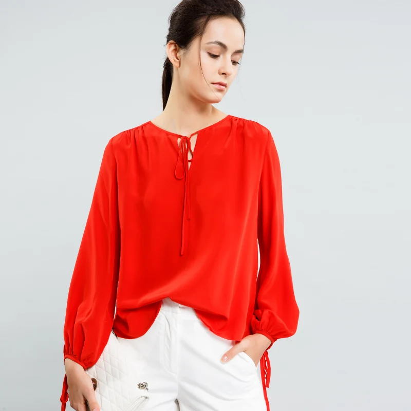 Women's lattern sleeve tie at collar red silk blouse top 2017 summer |