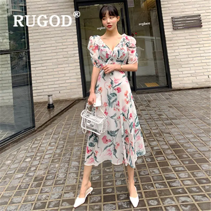 Женское платье с принтом RUGOD летнее v образным вырезом и принтом|Женские платья| |