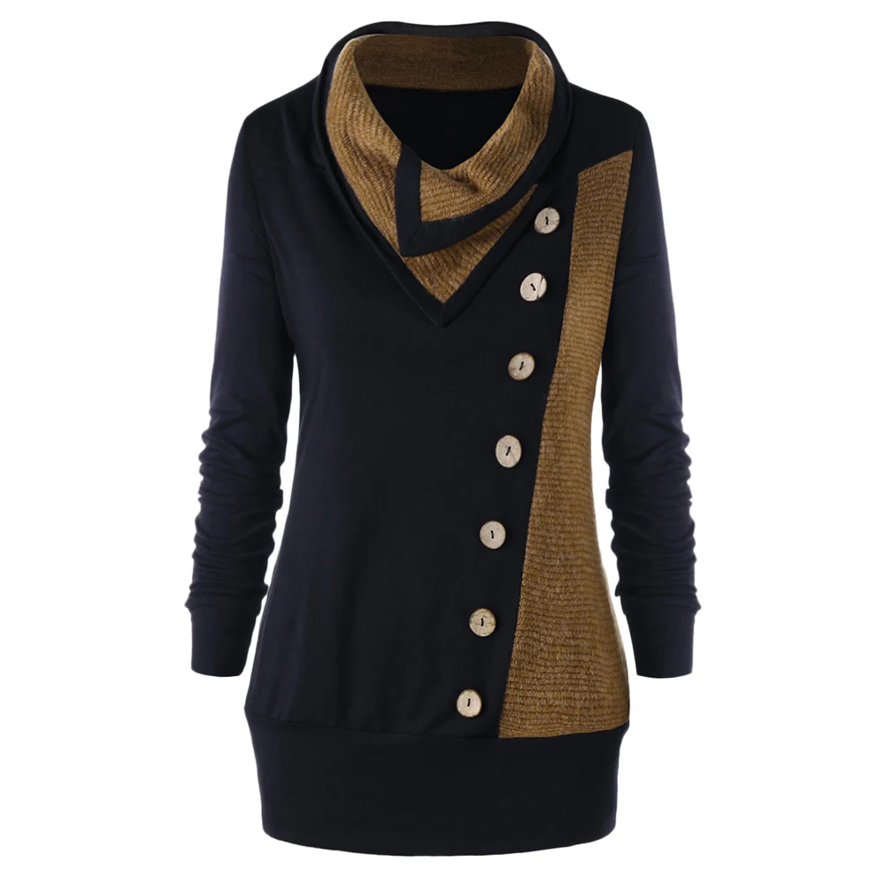 

Plus Size Heap Collar Tunic Sweatshirt with Buttons Women Autumn Casual Pullovers
