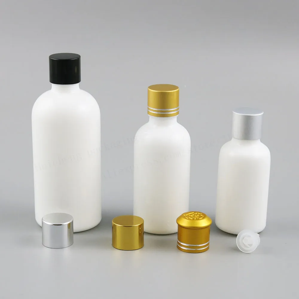 

12 X Refillable Natural White Glass Essential Oil Bottle With Gold Black Silver Aluminium Cap and PE Drop 30ml 50ml 100ml