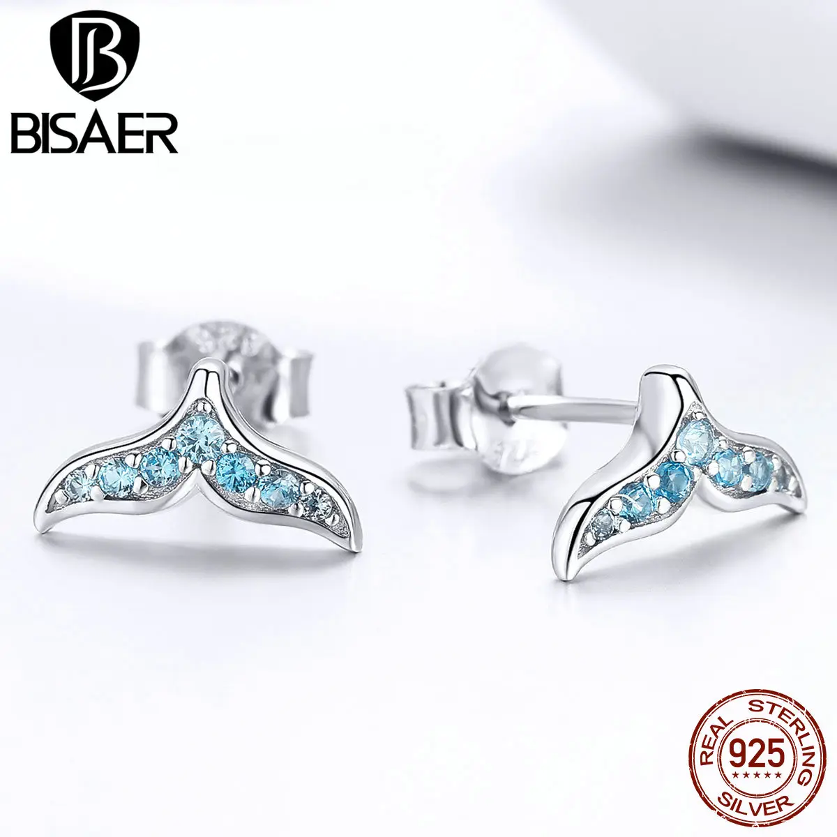 BISAER, 925 пробы, серебряные, синие серьги-гвоздики с кубическим цирконием в виде русалки для женщин, модные ювелирные изделия для девочек, крошечные серьги Birncos GAE058
