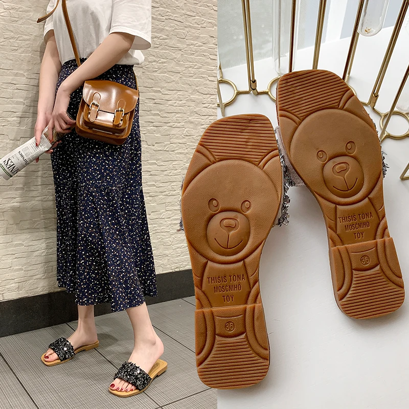 Женские шлепанцы со стразами Летние повседневные ручной работы с открытым