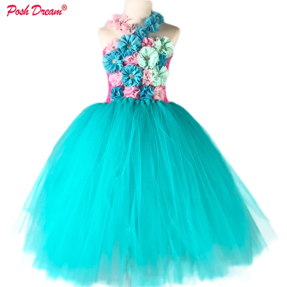 POSH DREAM Teal Green Flower Girls Wedding Party Dresses for Children Chiffon Turquoise Blue Baby Birthday Clothes | Детская одежда и