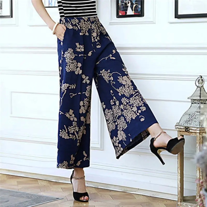 Брюки женские из хлопка и льна с широкими штанинами Модные свободные штаны