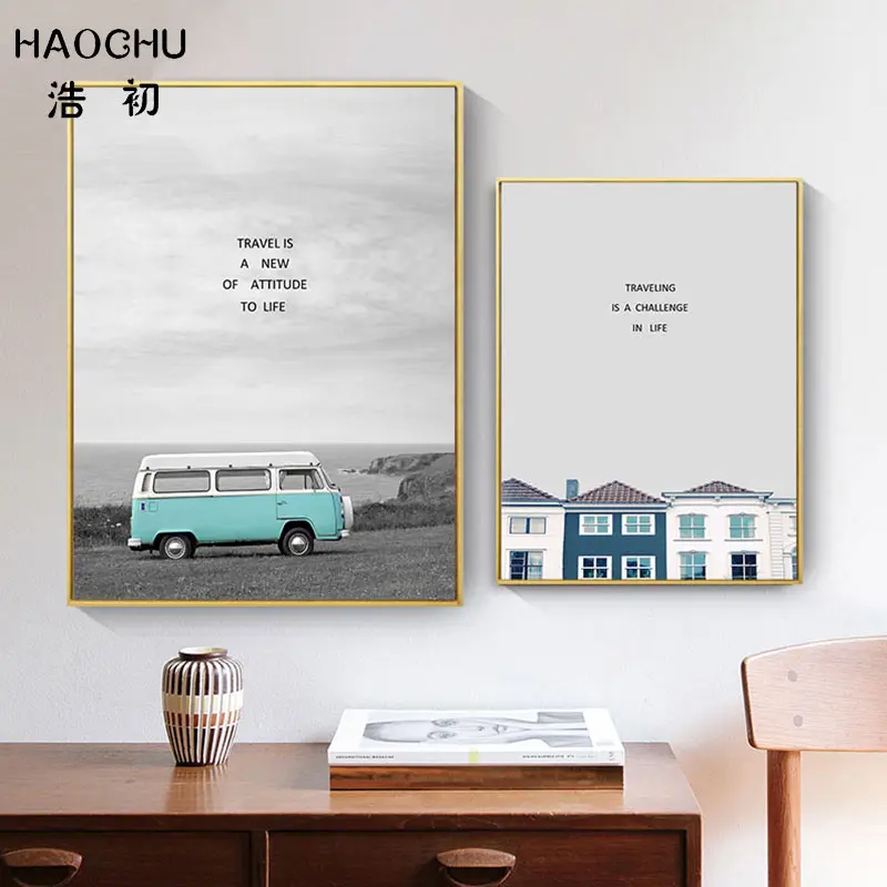 HAOCHU Art Poster Landscape Canvas Painting Sea View Blue Car Fresh House Gray Sky Home Decoration Picture Wall Decor | Дом и сад