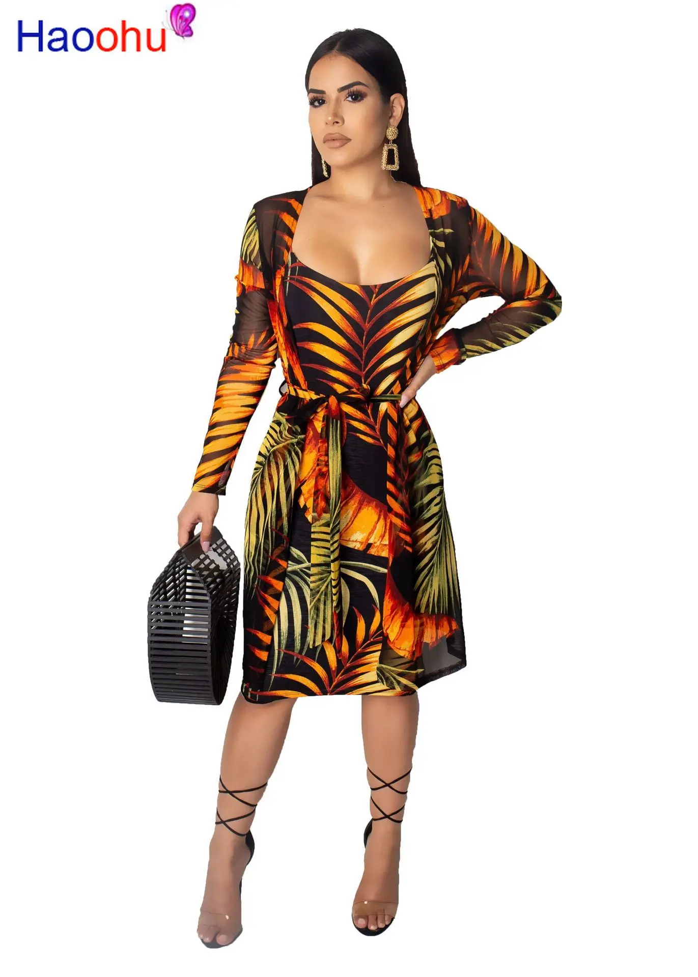 

Leaves Print Sexy 2 Piece Beach Outfits Women Clothes Spaghetti Strap Backless Dress +Long Sleeve Cardigan Two Piece Sets Suits
