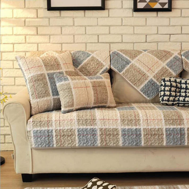 Европейский Набор чехлов для диванов из 100% хлопка с принтом в клетку и полоску