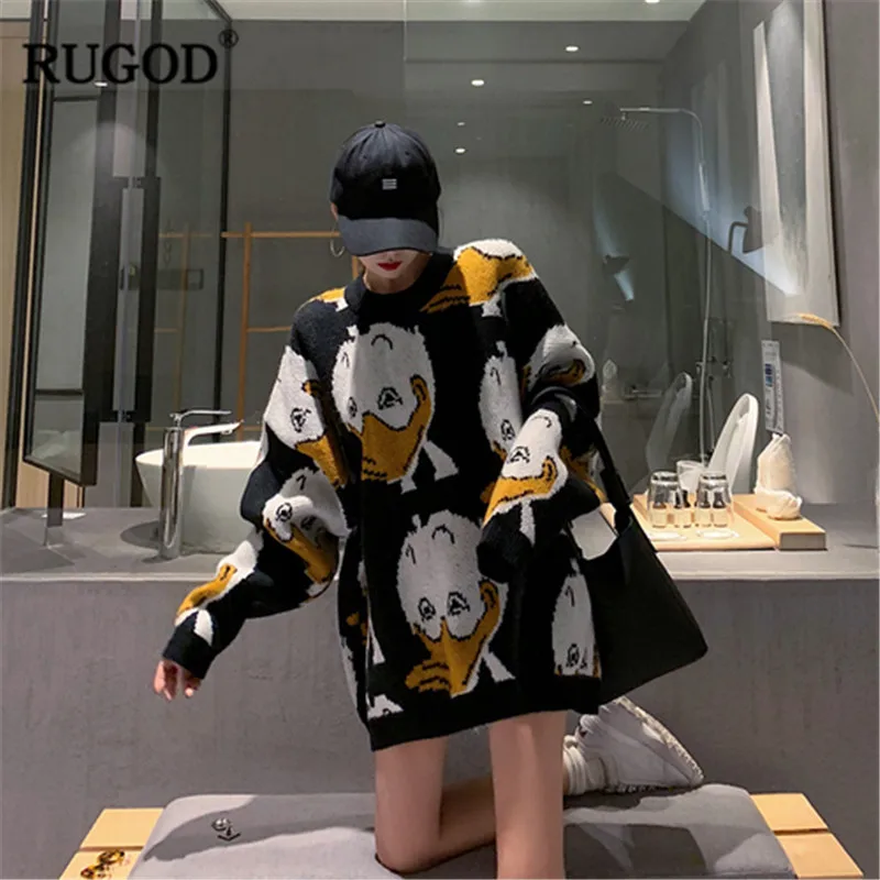 RUGOD 2020 Korean Print Knitted Sweater New Winter Warm Long Pullovers Women Fashion Sleeve O Neck Jumper Tops | Женская одежда