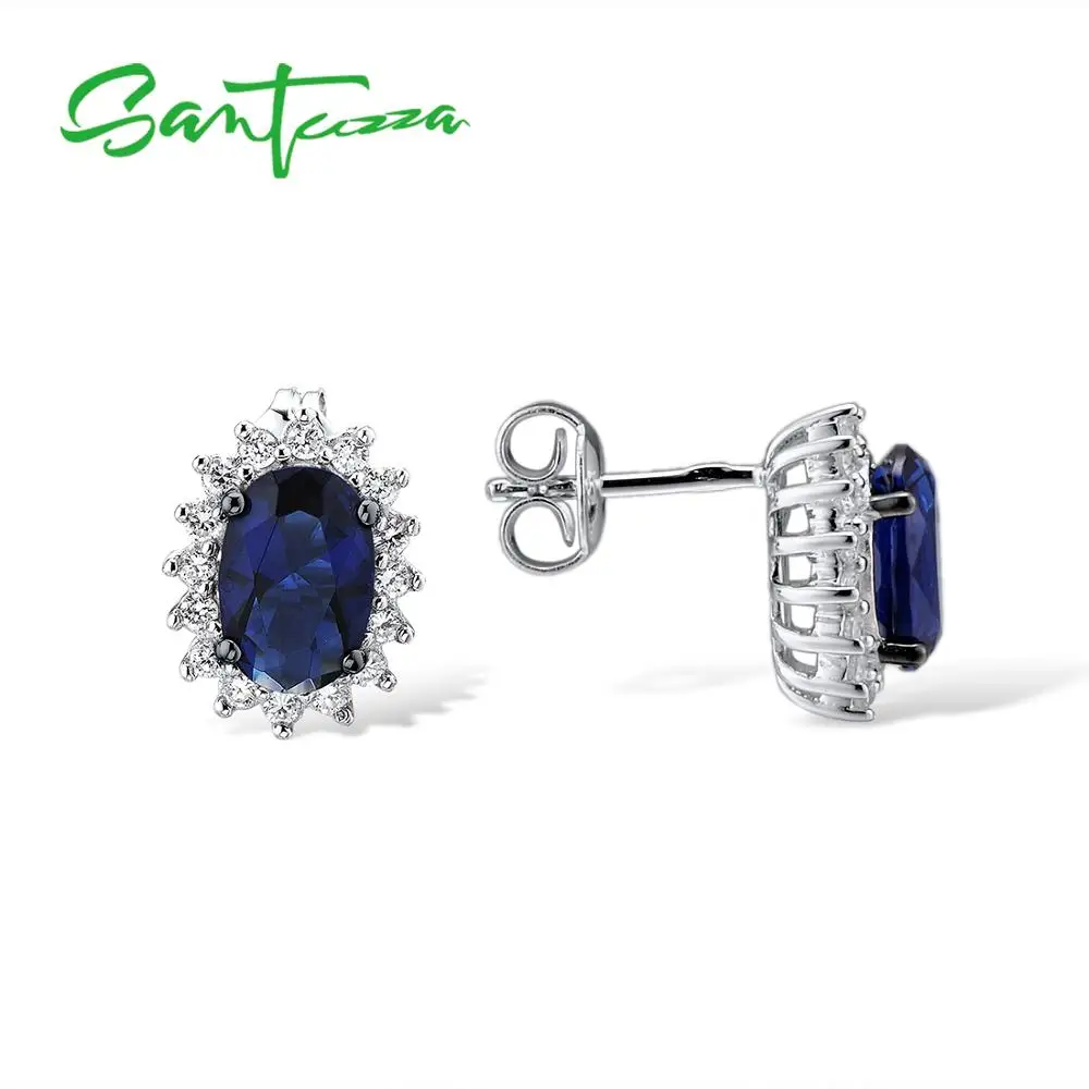 

Santuzza Silver Jewelry Sets For Women Blue Cubic Zirconia Stone Ring Earrings Pure 925 Sterling Silver Fashion Jewelry Set