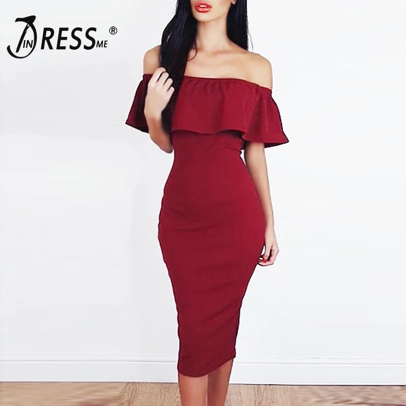 Женское платье с открытыми плечами INDRESSME летнее облегающее красное оборками и