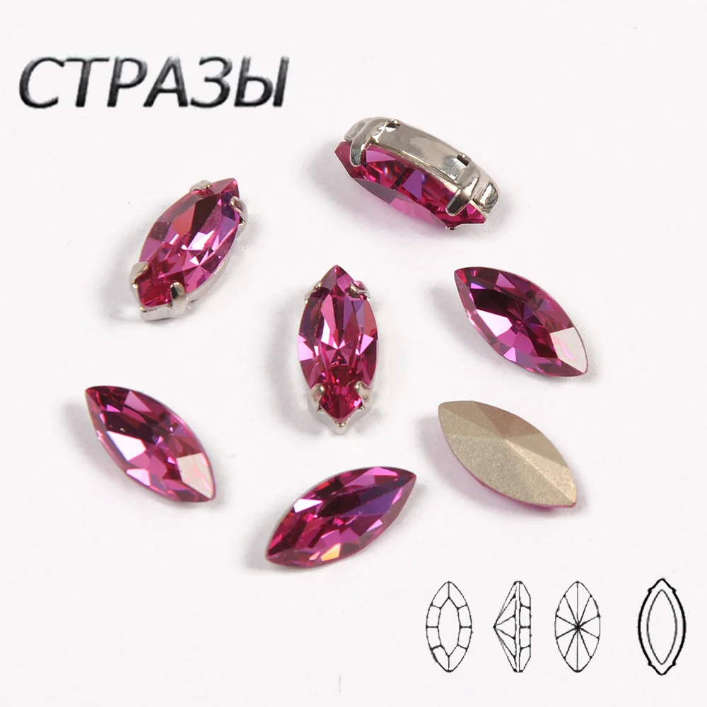 

Crystal Fuchsia Colors Sew on Glitter Rhinestone Navette Strass With Silver Gold Claw Rhinestones for Craft Jewelry Clothing