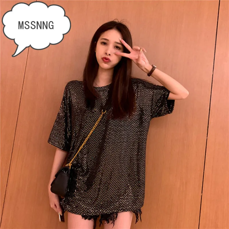 Женская длинная футболка с блестками MSSNNG свободная в азиатском стиле