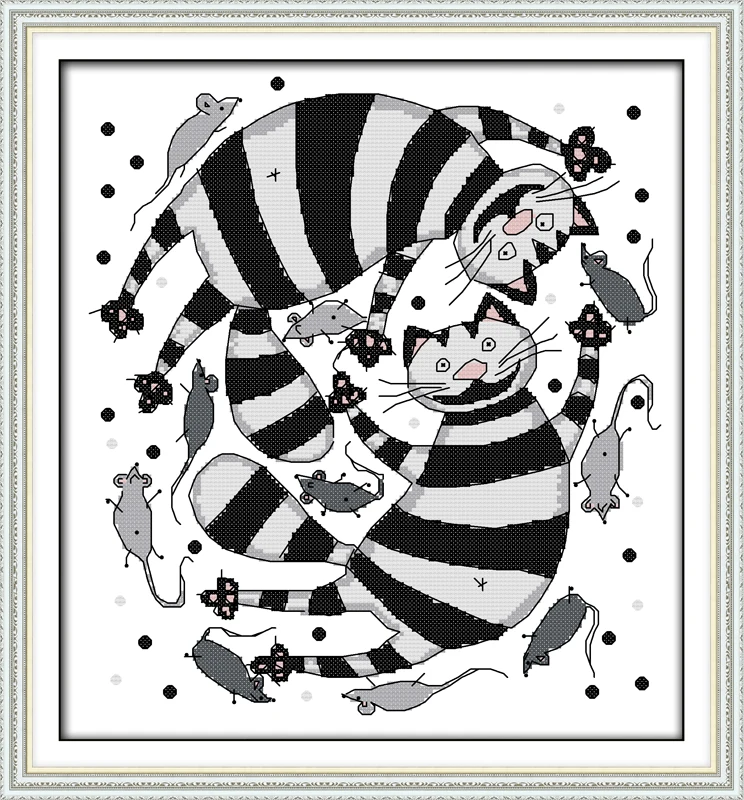 Joy Sunday черно-белая кошка охота на мышей вышивка крестиком ручная работа рукоделие