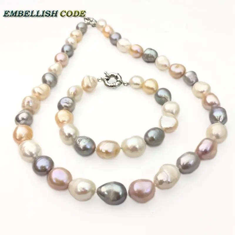 

summer semi baroque irregular necklace bracelet pearl set white peach grey Mixed color real freshwater pearls gift girl women